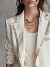 Ivory Linen Gold-Trim Tailored Blazer
