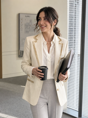 Ivory Linen Gold-Trim Tailored Blazer