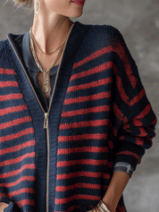 Effortless Brushed Knit Loose-Fit Navy Red Striped Zip-Up Cardigan