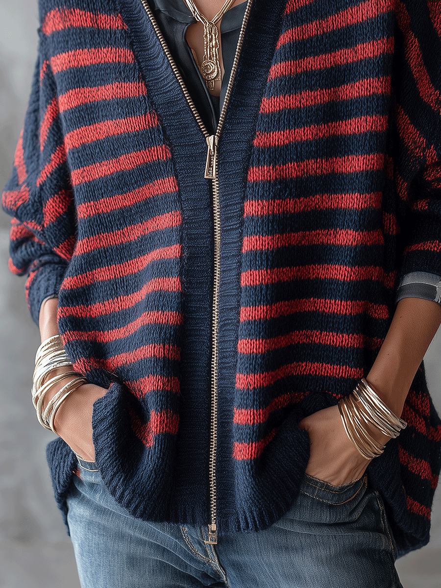 Effortless Brushed Knit Loose-Fit Navy Red Striped Zip-Up Cardigan