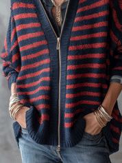 Effortless Brushed Knit Loose-Fit Navy Red Striped Zip-Up Cardigan