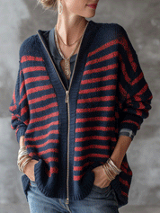 Effortless Brushed Knit Loose-Fit Navy Red Striped Zip-Up Cardigan