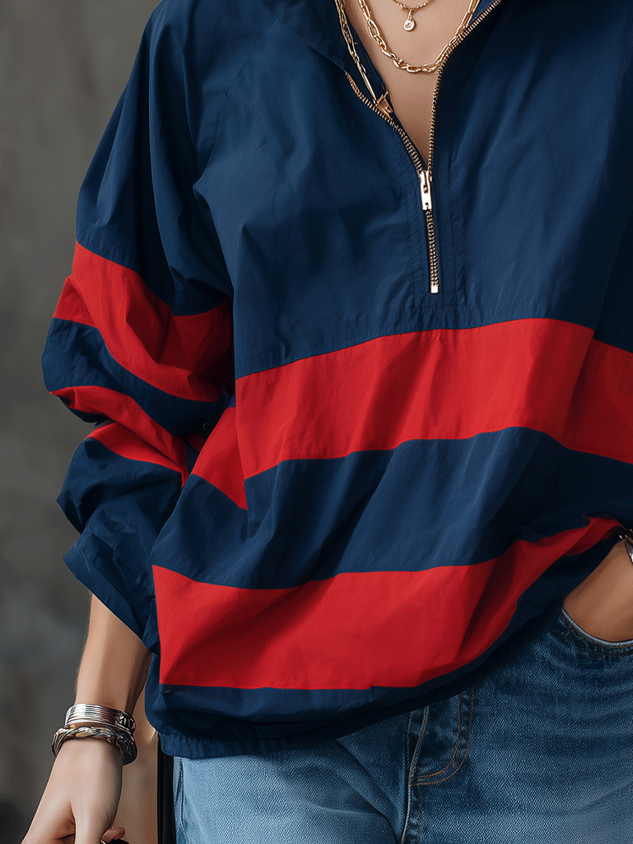 Women's Oversized Half-Zip Color Block Windbreaker Jacket
