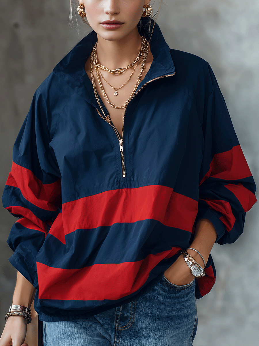 Women's Oversized Half-Zip Color Block Windbreaker Jacket