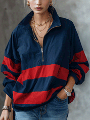 Women's Oversized Half-Zip Color Block Windbreaker Jacket