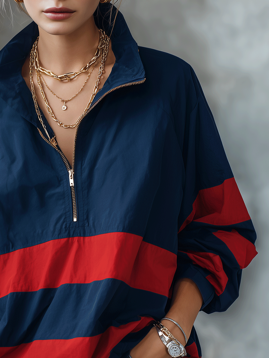 Women's Oversized Half-Zip Color Block Windbreaker Jacket