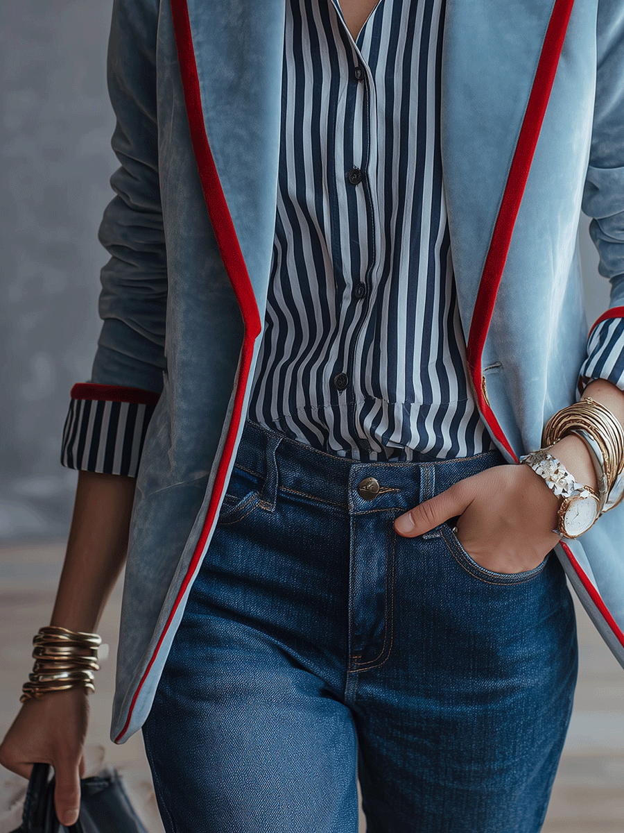 Women's Velvet Blazer with Contrast Red Trim Slim Fit Jacket