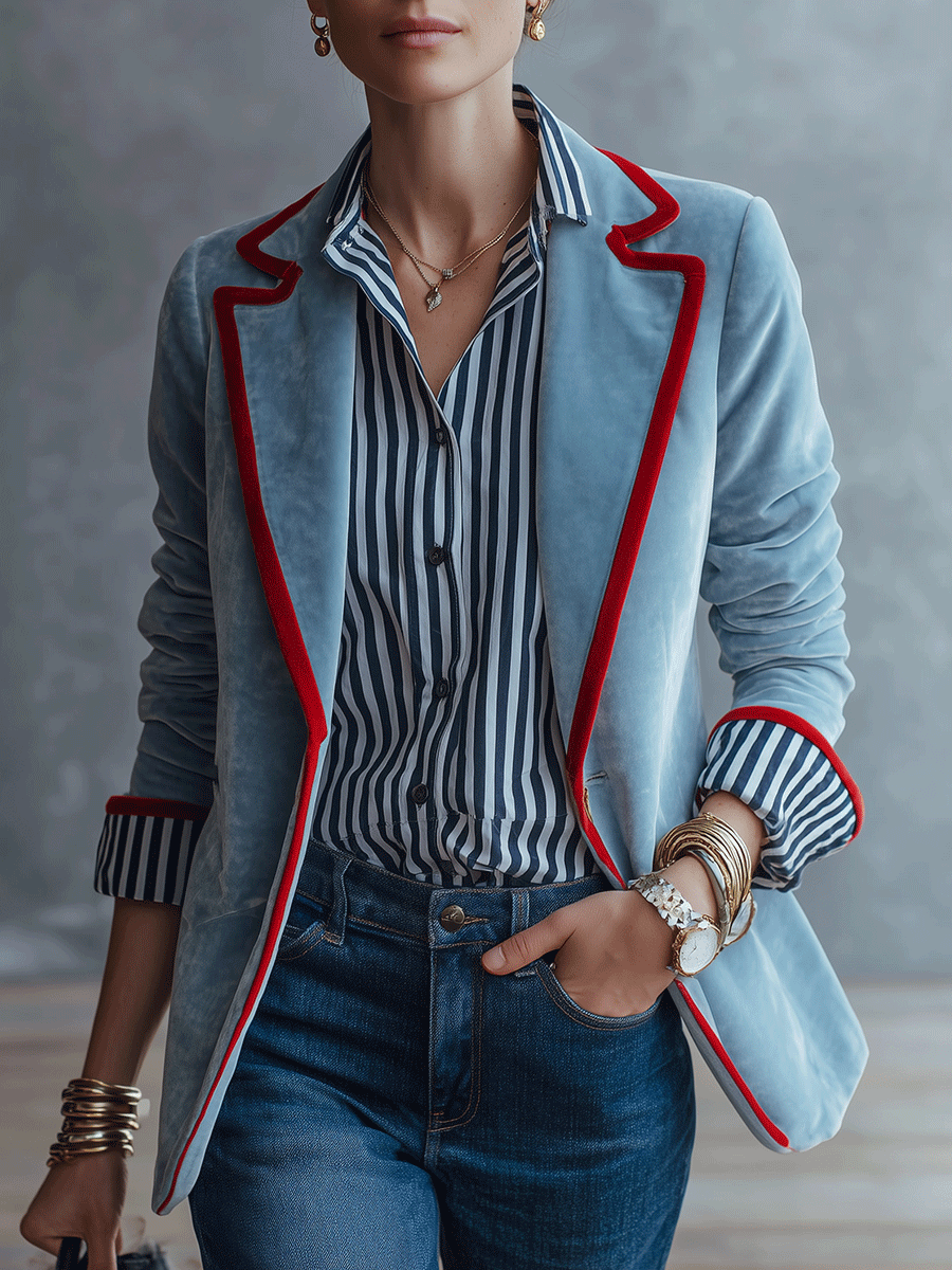 Women's Velvet Blazer with Contrast Red Trim Slim Fit Jacket