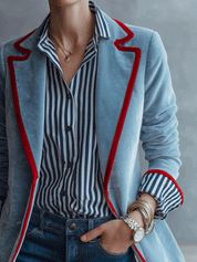Women's Velvet Blazer with Contrast Red Trim Slim Fit Jacket