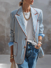 Coastal Chic Cotton Linen Relaxed-Fit Blue White Pinstripe Blazer