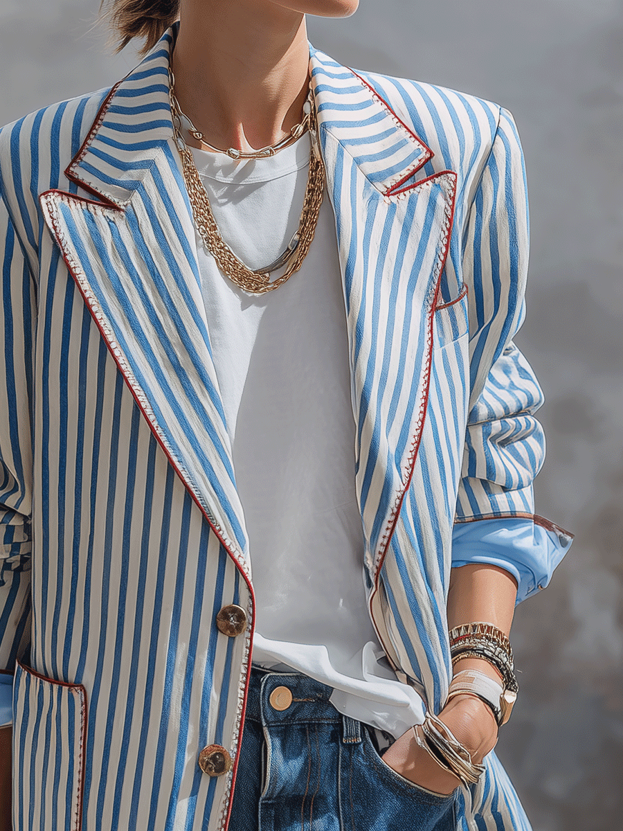 Coastal Chic Cotton Linen Relaxed-Fit Blue White Pinstripe Blazer