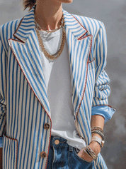 Coastal Chic Cotton Linen Relaxed-Fit Blue White Pinstripe Blazer