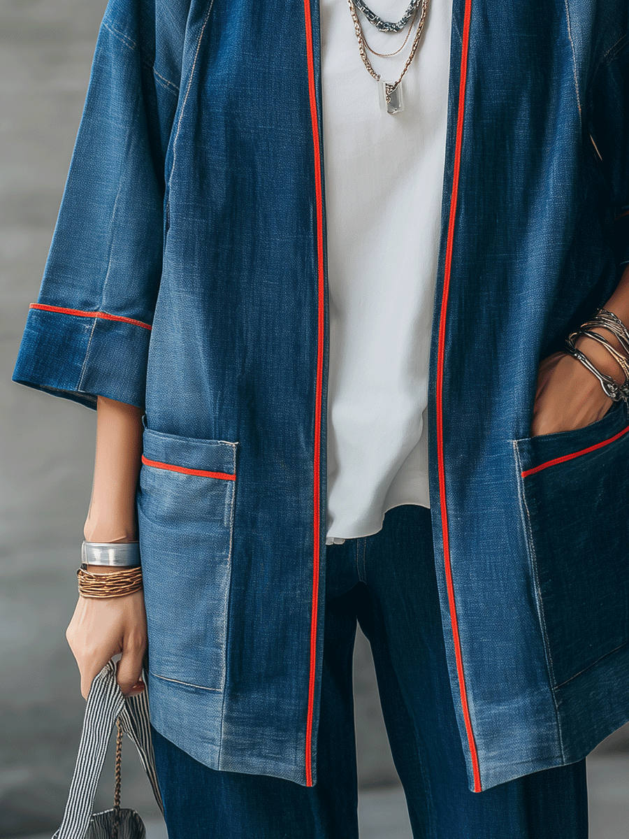 Women's Denim Kimono Contrast Red Piping Jacket