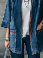 Women's Denim Kimono Contrast Red Piping Jacket