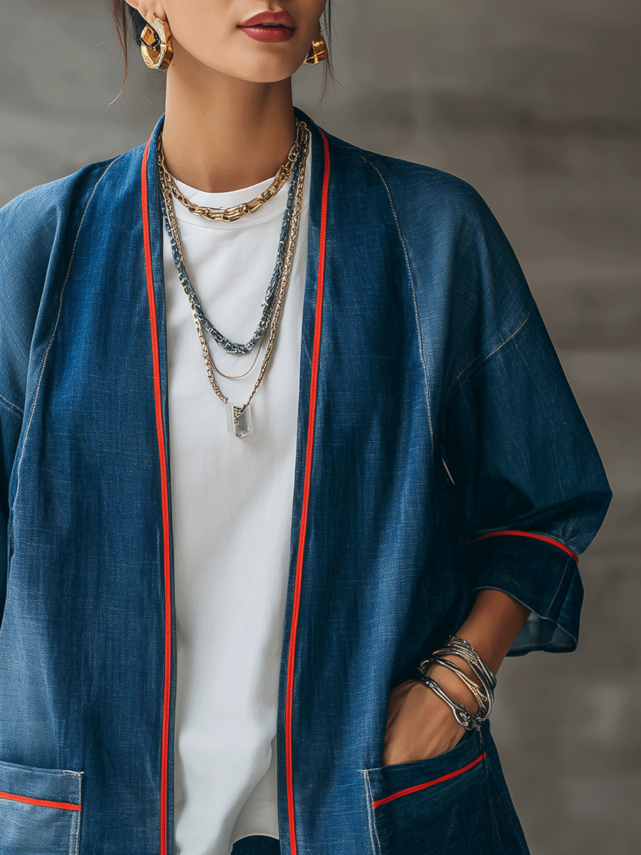 Women's Denim Kimono Contrast Red Piping Jacket