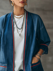 Women's Denim Kimono Contrast Red Piping Jacket