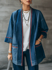 Women's Denim Kimono Contrast Red Piping Jacket