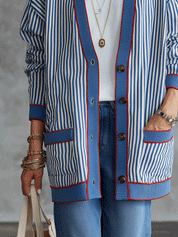 Effortless Riviera Cotton Blend Loose-Fit Blue White Pinstripe Cardigan