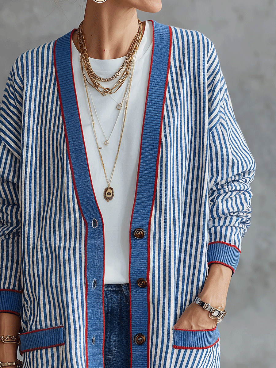 Effortless Riviera Cotton Blend Loose-Fit Blue White Pinstripe Cardigan