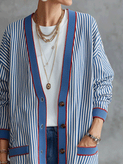 Effortless Riviera Cotton Blend Loose-Fit Blue White Pinstripe Cardigan