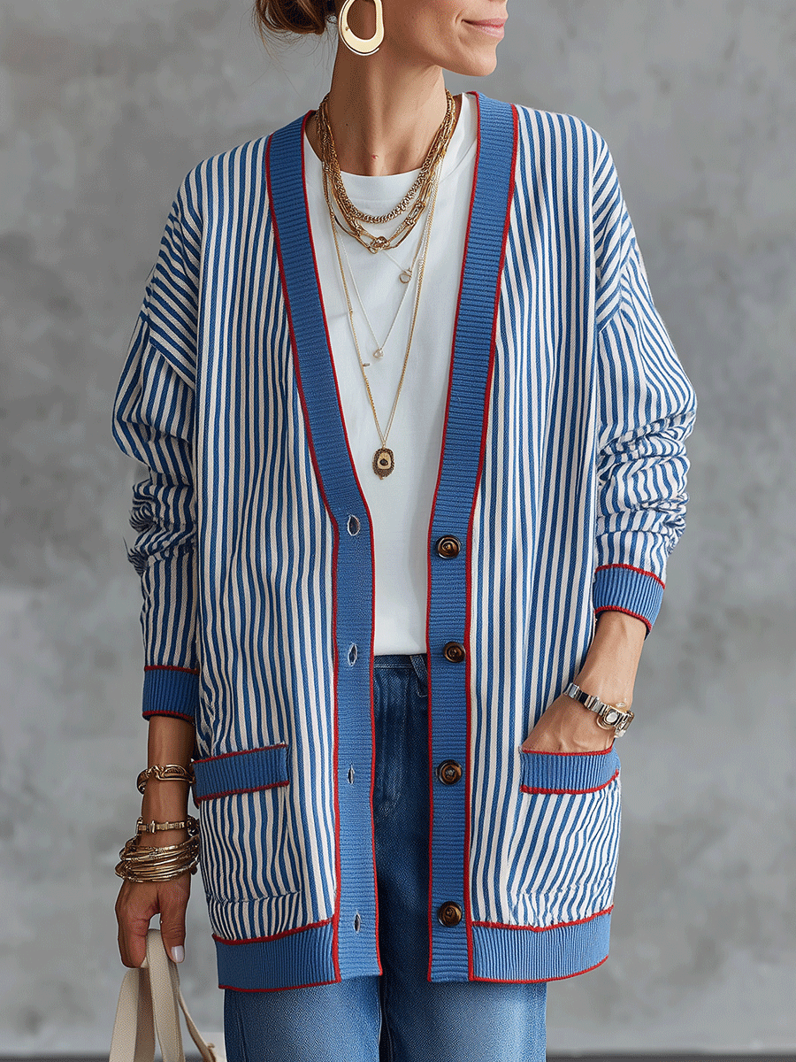 Effortless Riviera Cotton Blend Loose-Fit Blue White Pinstripe Cardigan