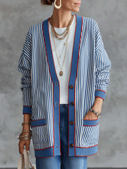 Effortless Riviera Cotton Blend Loose-Fit Blue White Pinstripe Cardigan