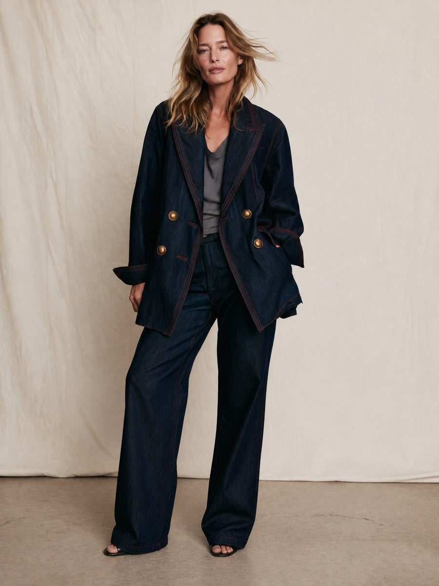 Women's Oversized Double-Breasted Contrast Stitching Denim Blazer