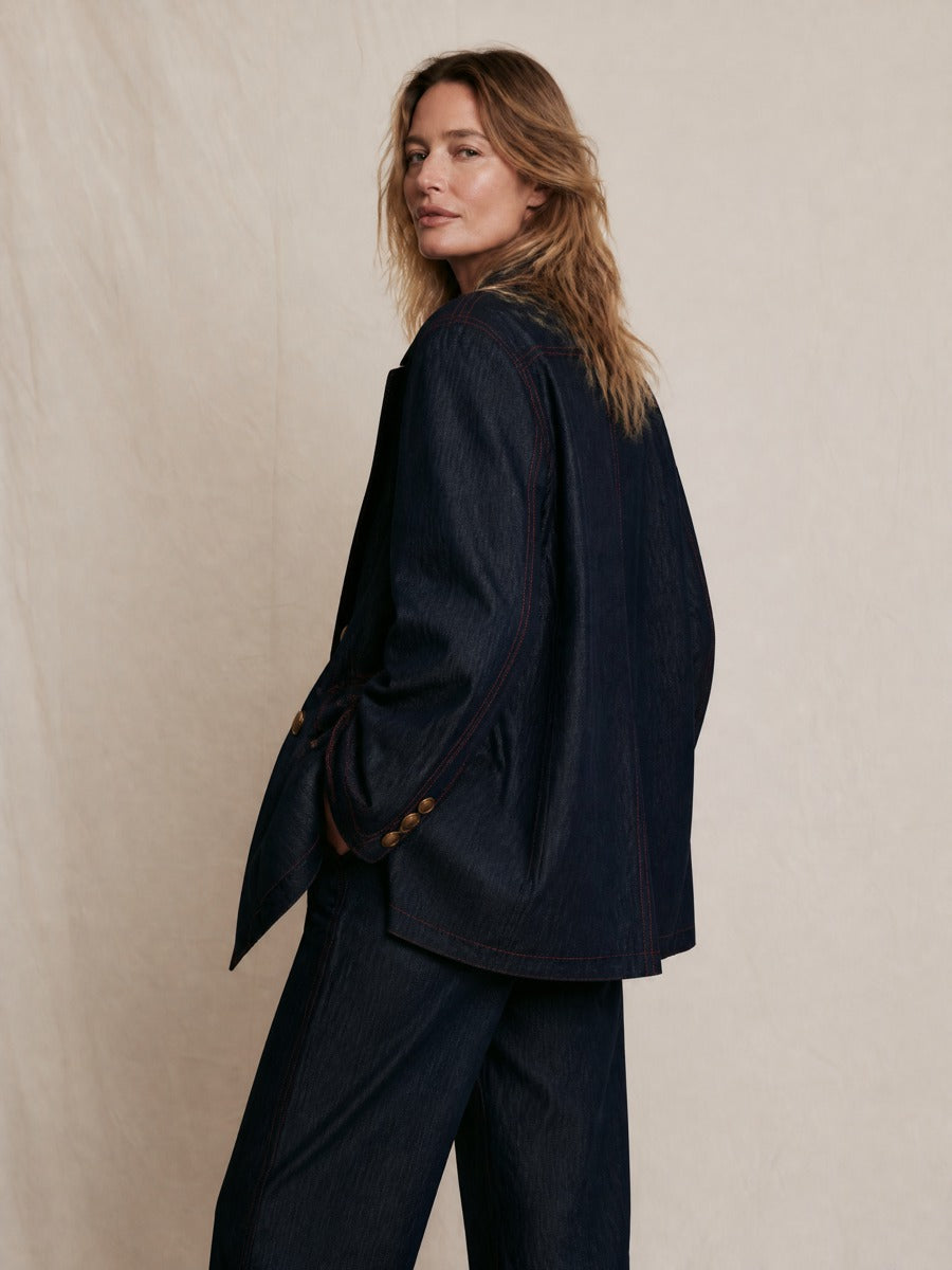 Women's Oversized Double-Breasted Contrast Stitching Denim Blazer