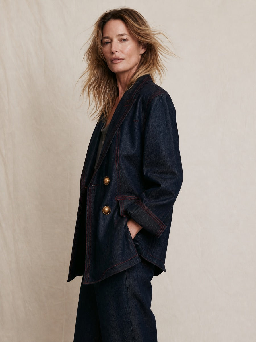 Women's Oversized Double-Breasted Contrast Stitching Denim Blazer