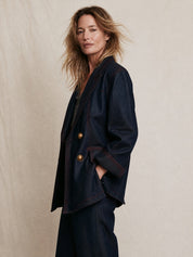 Women's Oversized Double-Breasted Contrast Stitching Denim Blazer