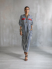 Women's Striped Long Sleeve Button-Up Contrast Pocket Maxi Shirt Dress