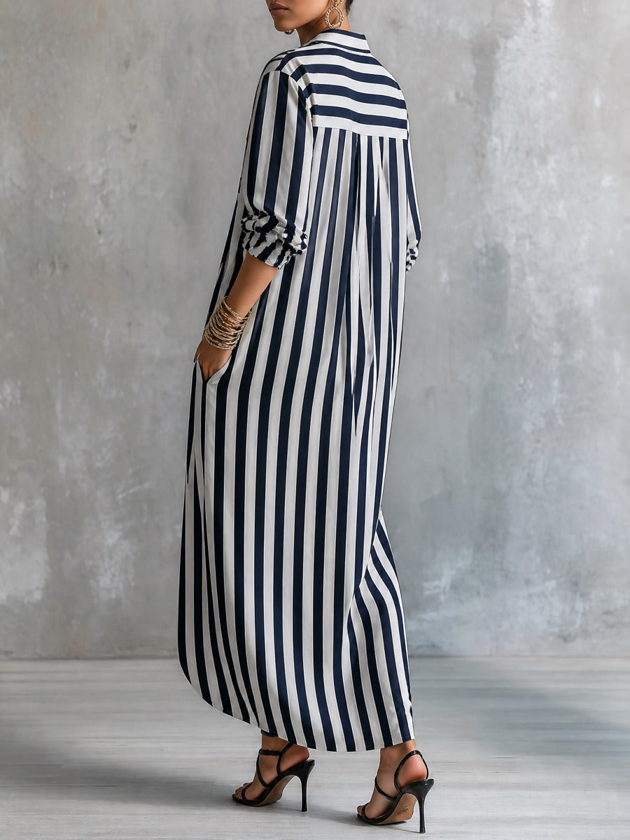 Women's Striped Long Sleeve Button-Up Contrast Pocket Maxi Shirt Dress