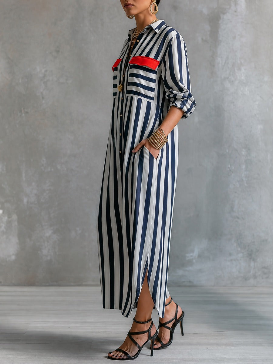 Women's Striped Long Sleeve Button-Up Contrast Pocket Maxi Shirt Dress