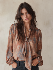 Women's Paisley Print Tie-Neck Long Sleeve Satin Blouse