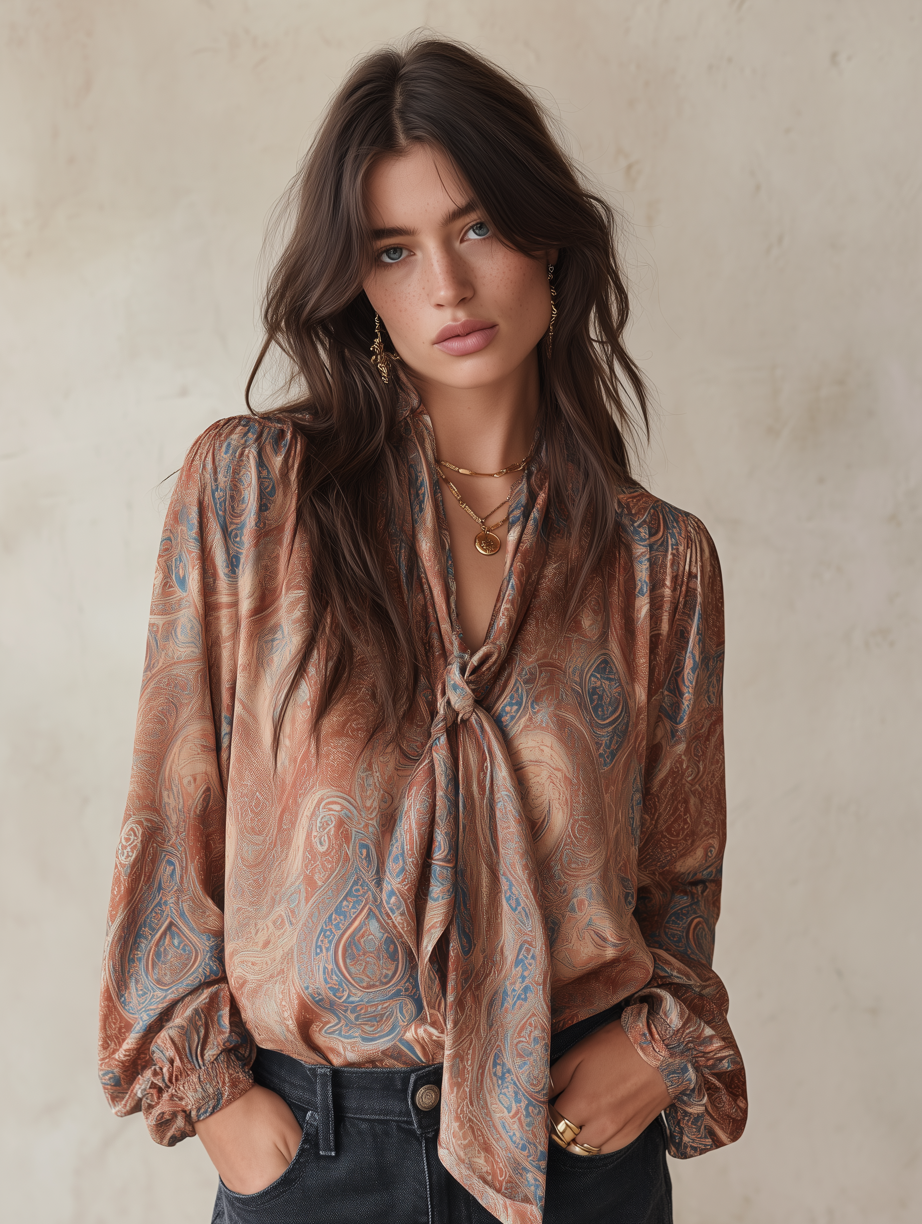 Women's Paisley Print Tie-Neck Long Sleeve Satin Blouse