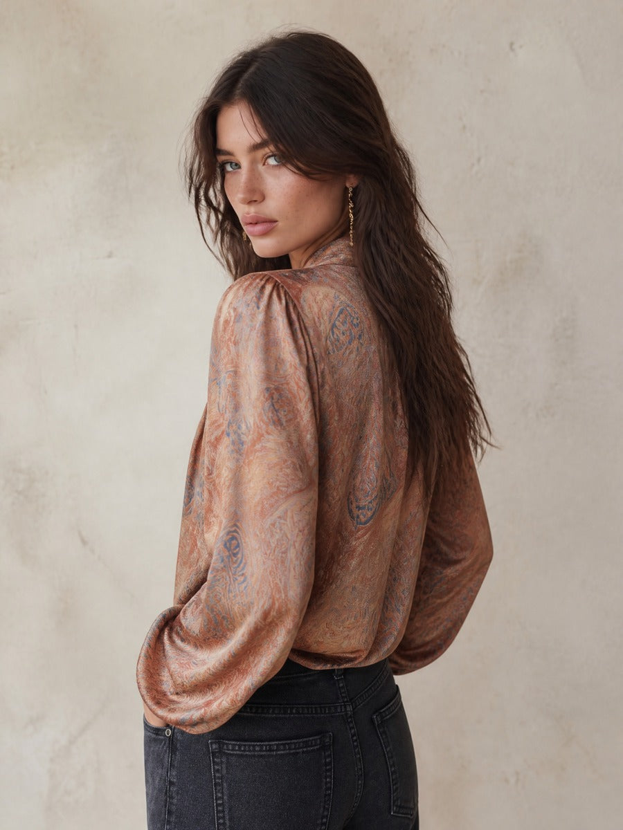 Women's Paisley Print Tie-Neck Long Sleeve Satin Blouse