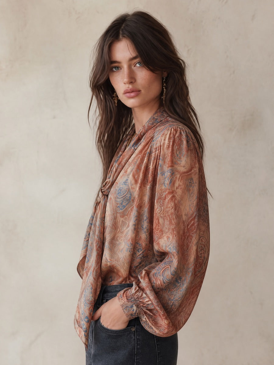 Women's Paisley Print Tie-Neck Long Sleeve Satin Blouse