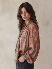 Women's Paisley Print Tie-Neck Long Sleeve Satin Blouse