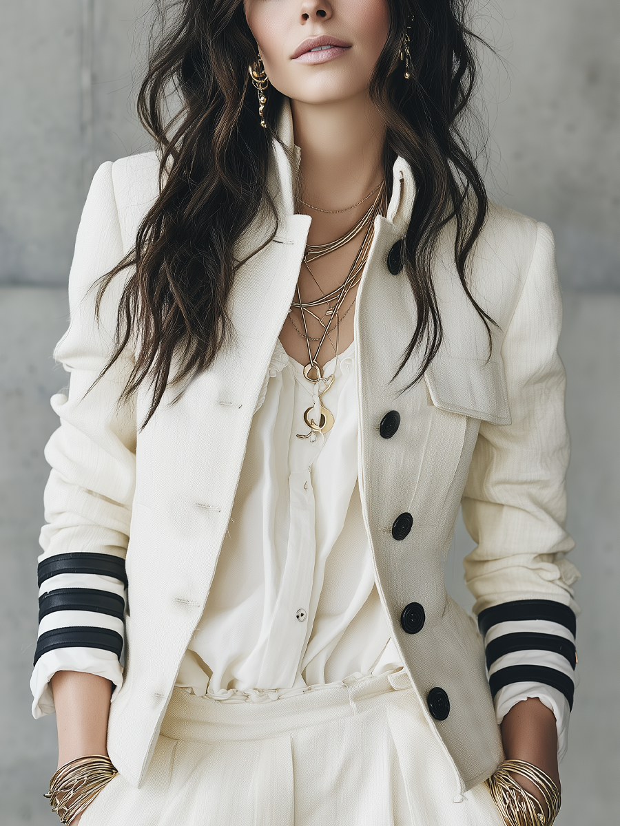 Modern Ivory Striped Cuff Suit Jacket