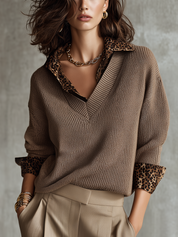 Mocha Ribbed Knit Leopard-Collar V-Neck Sweater