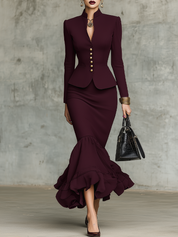 Burgundy Stand-Collar Gold-Button Peplum Maxi Skirt Set