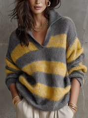 Relaxed Charcoal & Mustard Fuzzy Knit Striped Polo Sweater