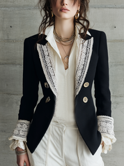 Romantic Black Lace-Trim Gold-Button Blazer