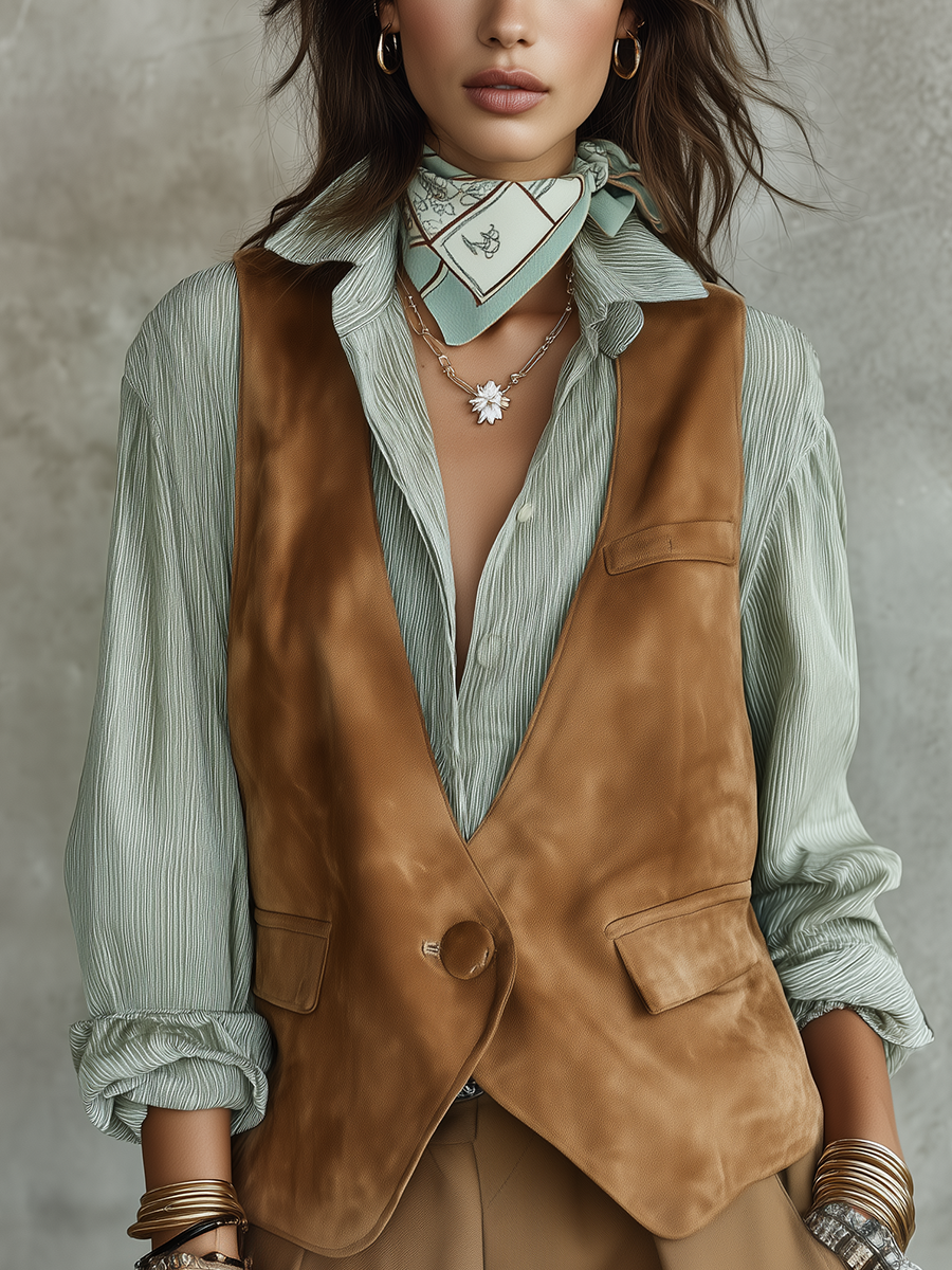 Camel Suede Vest And Mint Green Shirt Set