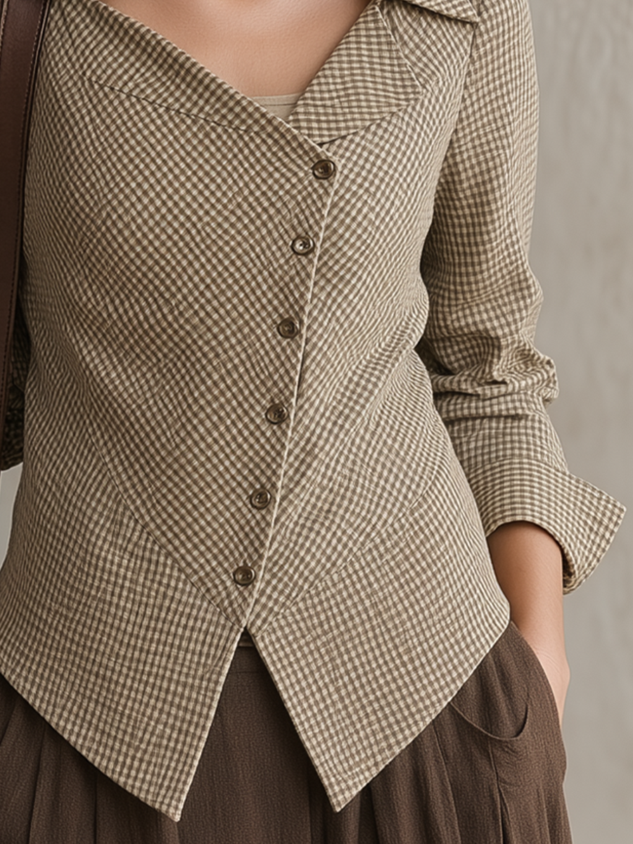 Parisian Vintage Gingham Asymmetric Button Shirt Top