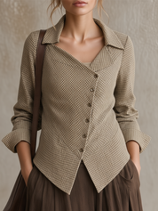 Parisian Vintage Gingham Asymmetric Button Shirt Top