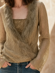 Boho Luxe Lace Faux Fur Trim Blouse Top