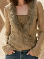 Boho Luxe Lace Faux Fur Trim Blouse Top