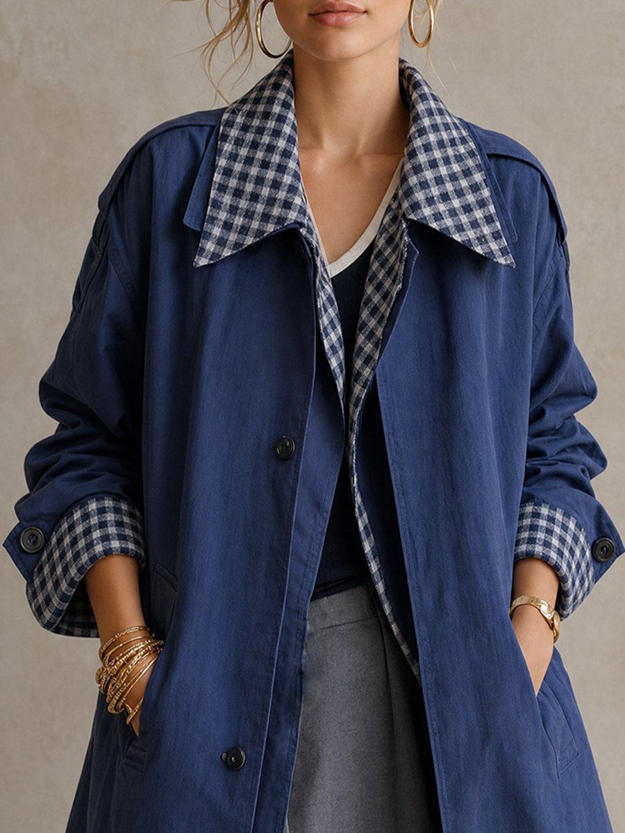 Coastal Utility Blue Gingham Collar Trench Coat