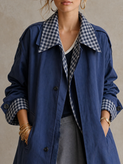 Coastal Utility Blue Gingham Collar Trench Coat